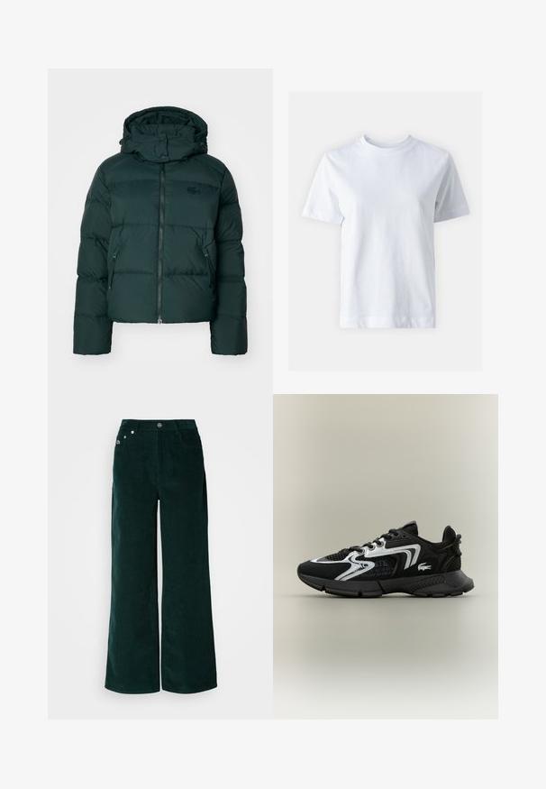 Zöld puffernadrág magas nyakkal, cipzáros elejével és oldalsó zsebekkel. Diszkrét márkalogó található a mellrészen és kapucnival rendelkezik.; Fehér pamut póló kerek nyakkal, rövid ujjal, egyenes szabással és sima textúrával. Nincsenek minták vagy díszítések.; Sötétzöld, széles lábú kordbársony nadrág, textúrált felülettel, elülső zsebekkel és fém gombos záródással. Nincsenek látható díszítések.; Fekete sportcipők hálós betétekkel, ezüst díszítésekkel és textúrált fekete borítással. Fűzővel és ívelt, masszív talppal rendelkezik.