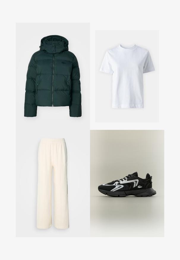 Grüne Daunenjacke mit hohem Kragen, Reißverschluss vorne und Seitentaschen. Verfügt über ein dezentes Logo auf der Brust und eine Kapuze.; Weißes Baumwoll-T-Shirt mit Rundhalsausschnitt, kurzen Ärmeln, gerader Schnittführung und glatter Textur. Keine Muster oder Verzierungen.; Lacoste Jogginghose - lapland; Schwarze Sportschuhe mit Mesh-Einsätzen, silberne Akzente und strukturierten schwarzen Überzügen. Mit Schnürsenkeln und einer gebogenen, robusten Laufsohle.