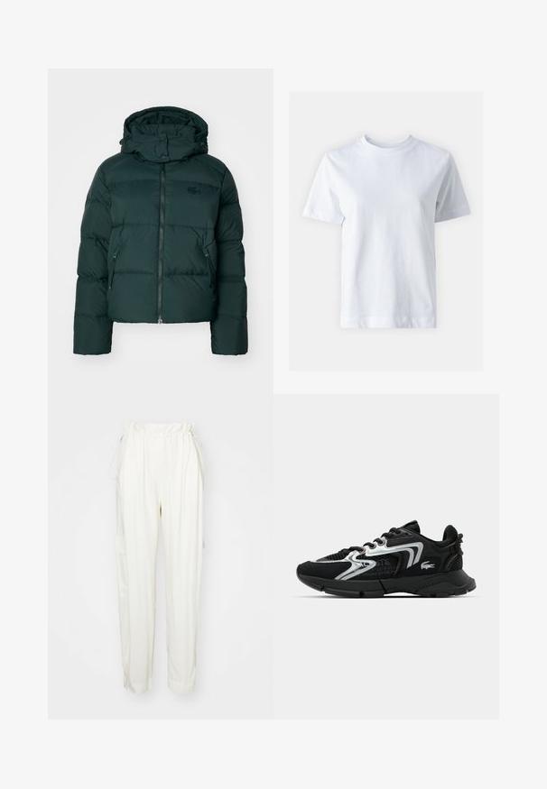 Grüne Daunenjacke mit hohem Kragen, Reißverschluss vorne und Seitentaschen. Verfügt über ein dezentes Logo auf der Brust und eine Kapuze.; Weißes Baumwoll-T-Shirt mit Rundhalsausschnitt, kurzen Ärmeln, gerader Schnittführung und glatter Textur. Keine Muster oder Verzierungen.; Cremfarbene Hose mit Kordelzugbund, seitlichen Taschen und lockerer Passform. Hergestellt aus einem weichen Stoff mit glatter Textur.; Schwarze Sportlich Schuhe mit Obermaterial aus Mesh und Synthetik, silbernen Akzenten, abgerundetem Zehenbereich, gepolstertem Schaftrand und strukturiertem Sohle für besseren Halt.