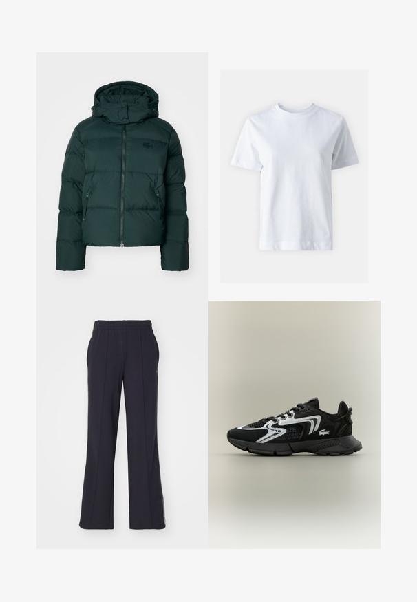 Grüne Daunenjacke mit hohem Kragen, Reißverschluss vorne und Seitentaschen. Verfügt über ein dezentes Logo auf der Brust und eine Kapuze.; Weißes Baumwoll-T-Shirt mit Rundhalsausschnitt, kurzen Ärmeln, gerader Schnittführung und glatter Textur. Keine Muster oder Verzierungen.; Lacoste Jogginghose - abysm; Schwarze Sportschuhe mit Mesh-Einsätzen, silberne Akzente und strukturierten schwarzen Überzügen. Mit Schnürsenkeln und einer gebogenen, robusten Laufsohle.
