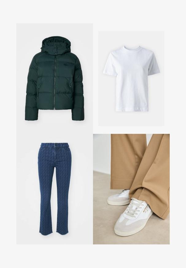 Chaqueta acolchada verde con un collar alto, cierre delantero y bolsillos laterales. Presenta un sutil logo de la marca en el pecho y una capucha.; T-shirt de algodón blanco con cuello redondo, mangas cortas, corte recto y textura suave. Sin patrones ni adornos.; Vaqueros de un azul oscuro con un patrón circular repetido, corte recto, dobladillos deshilachados y diseño tradicional de cinco bolsillos, presentando un cierre de botón en la parte delantera.; Zapatillas blancas con detalles de ante, cordones texturizados y suela de goma. Combinadas con un pantalón suelto en tono marrón claro. Logo exhibido en el lateral.