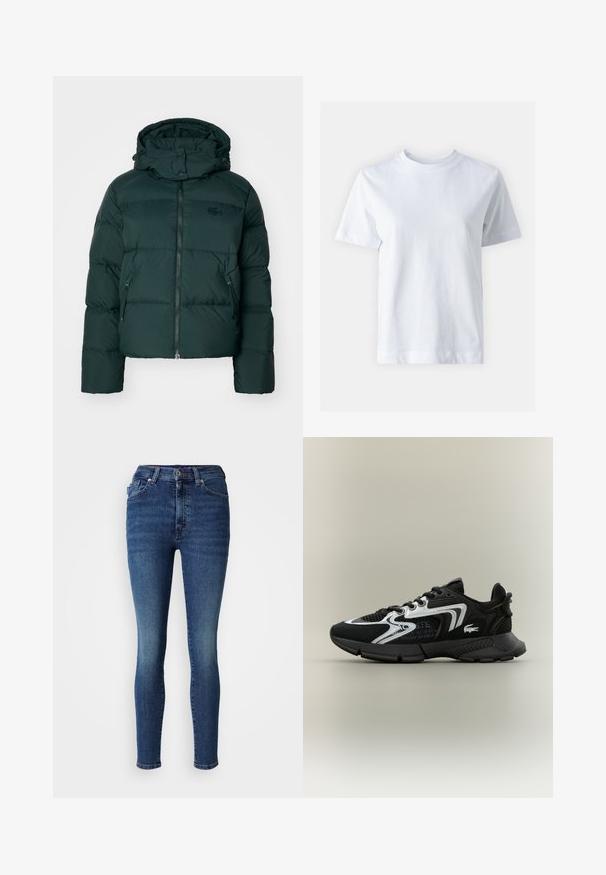 Zeleni puffer jakna s visokim ovratnikom, zatvorenim prednjim dijelom i bočnim džepovima. Ima suptilan logotip branda na prsima i kapuljaču.; Bjela pamučna majica s okruglim izrezom, kratkim rukavima, ravnim krojem i glatkom teksturom. Bez uzoraka ili ukrasa.; Visoke uske plave traperice izrađene od denima. Imaju klasičan dizajn s pet džepova, zatvarač i blago izbleđivanje na prednjem dijelu.; Crne atletske tenisice s mrežastim panelima, srebrnim detaljima i teksturiranim crnim vijencima. Imaju vezice i zakrivljeni, čvrsti potplat.