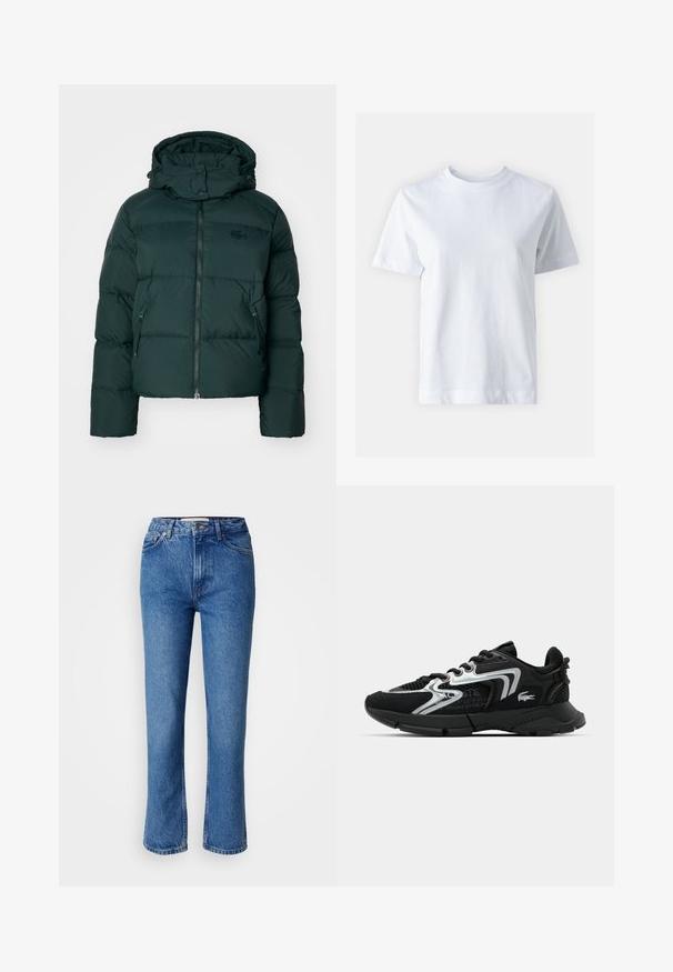 Chaqueta acolchada verde con un collar alto, cierre delantero y bolsillos laterales. Presenta un sutil logo de la marca en el pecho y una capucha.; T-shirt de algodón blanco con cuello redondo, mangas cortas, corte recto y textura suave. Sin patrones ni adornos.; Jeans de mezclilla azul con corte recto, que presentan un diseño clásico de cinco bolsillos, costuras naranjas y un cierre de botón.; Zapatilla deportiva negra con parte superior de malla y sintético, acentos plateados, punta redondeada, cuello acolchado y suela texturizada para agarre.
