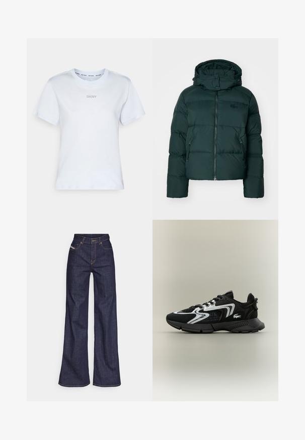 Zaļa pūkaina jaka ar augstu apkakli, ar rāvējslēdzēju priekšpusē un sānu kabatām. Izcelsme pazīstama zīmola logo uz krūtīm un mīksts kapuce.; Baltas kokvilnas T-krekls ar īsām piedurknēm, apaļu kakla izgriezumu un mazu sudraba logo uz krūtīm. Mīksta tekstūra un standarta piegriezums.; Tumši zili platleņķa džinsi no denima auduma ar augstu jostasvietu, ar oranžām šuvēm, piecu kabatu dizainu un pogu aizdari.; Melni sporta apavi ar sietiņa ieliktņiem, sudraba akcentiem un struktūru melnā krāsā. Īpaši iezīmes - šņorītes un izliekta, izturīga zole.