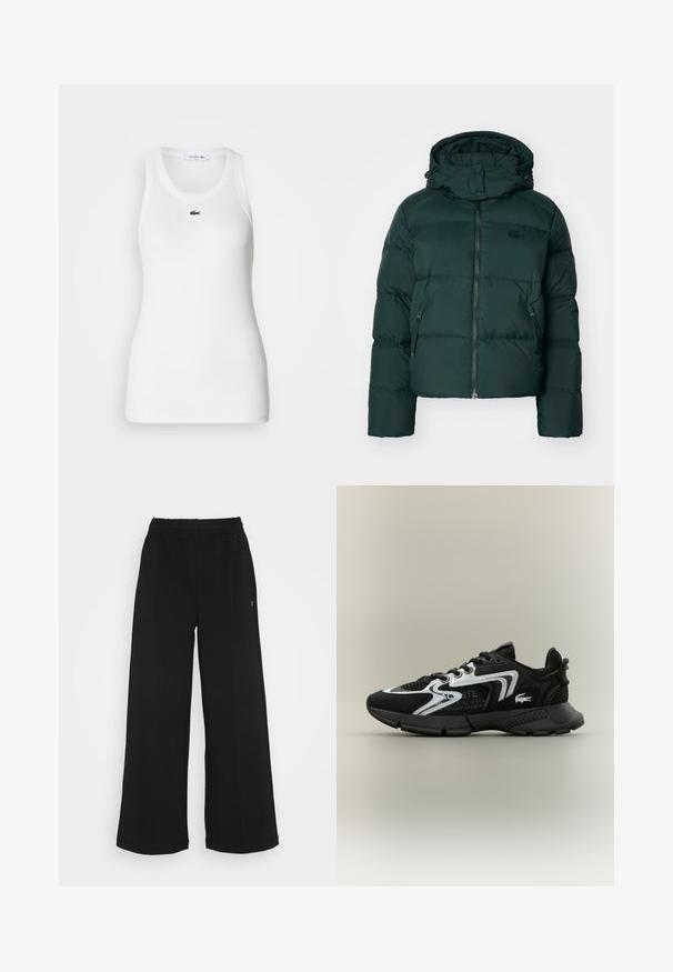 Grüne Daunenjacke mit hohem Kragen, Reißverschluss vorne und Seitentaschen. Verfügt über ein dezentes Logo auf der Brust und eine Kapuze.; Weißes ärmelloses Tanktop mit rundem Halsausschnitt und geripptem Material. Auf der Brust befindet sich ein kleines grünes Lacoste-Krokodil-Logo.; Schwarze weit geschnittene Hose mit einem elastischen Bund. Hergestellt aus einem weichen, leichten Material. Mit vertikalen Nähten an der Vorderseite.; Schwarze Sportschuhe mit Mesh-Einsätzen, silberne Akzente und strukturierten schwarzen Überzügen. Mit Schnürsenkeln und einer gebogenen, robusten Laufsohle.