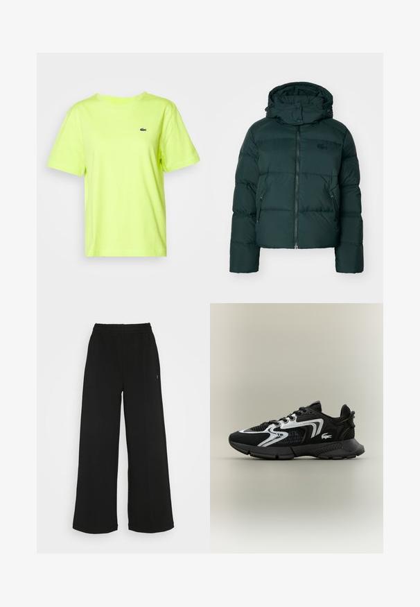 Žalia pūkinė striukė su aukštu apykakle, užtrauktuku priekyje ir šoniniais kišenėmis. Apdaila su subtiliu prekės ženklu ant krūtinės ir su kapišonu.; Lacoste Paprasti marškinėliai - firefly; Juodi plačios kojų kelnės su elastinga liemene. Pagamintos iš minkštos, lengvos medžiagos. Yra vertikalūs siūlai priekyje.; Juodi sportiniai bateliai su tinklinėmis panelėmis, sidabriniais akcentais ir tekstūruotais juodais papildais. Su raišteliais ir išlenktu, tvirtu padu.