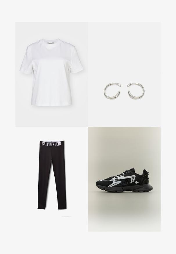 Grüne Daunenjacke mit hohem Kragen, Reißverschluss vorne und Seitentaschen. Verfügt über ein dezentes Logo auf der Brust und eine Kapuze.; AllSaints LISA - T-Shirt basic - white; Schwarze Leggings mit einem weißen "CALVIN KLEIN"-Logo am Bund. Glattes Material, figurbetontes Design, mit Mesh-Akzenten an den Knöcheln.; Schwarze Sportschuhe mit Mesh-Einsätzen, silberne Akzente und strukturierten schwarzen Überzügen. Mit Schnürsenkeln und einer gebogenen, robusten Laufsohle.; Silberne Creolen mit einem glatten, abgerundeten Design und einem eleganten, polierten Finish. Sie zeichnen sich durch eine minimalistische Form mit einer leichten Öffnung aus.