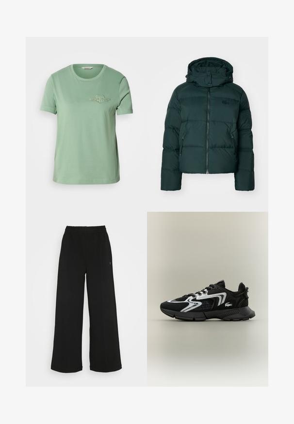 Zaļa pūkaina jaka ar augstu apkakli, ar rāvējslēdzēju priekšpusē un sānu kabatām. Izcelsme pazīstama zīmola logo uz krūtīm un mīksts kapuce.; Gaiši zaļa kokvilnas t-krekls ar īsām piedurknēm, apaļu kakla izgriezumu un izšūtu logo uz krūtīm. Gluda tekstūra un brīvs piegriezums.; Melni platās bikses ar elastīgu jostu. Izgatavotas no mīksta, viegla materiāla. Iezīmē vertikālas šuves gar priekšpusi.; Melni sporta apavi ar sietiņa ieliktņiem, sudraba akcentiem un struktūru melnā krāsā. Īpaši iezīmes - šņorītes un izliekta, izturīga zole.