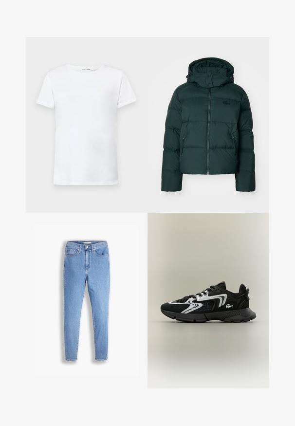 Green puffer jacket with a high collar, zippered front, and side pockets. Features a subtle brand logo on the chest and a hood.; White short-sleeve t-shirt made of cotton with a crew neck design. Smooth texture and straight cut, no patterns or accents.; Light blue high-waist slim-fit jeans with front and back pockets, button closure, and belt loops on a white background.; Black athletic shoes with mesh panels, silver accents, and textured black overlays. Features laces and a curved, sturdy outsole.