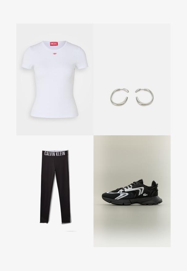 Chaqueta acolchada verde con un collar alto, cierre delantero y bolsillos laterales. Presenta un sutil logo de la marca en el pecho y una capucha.; Camiseta ajustada blanca de manga corta. Textura acanalada, escote redondo. Pequeño logotipo rojo "D" en el pecho. Fabricada con tejido elástico.; Leggings negros con un logo blanco de "CALVIN KLEIN" en la cintura. Material suave, diseño ajustado, con acentos de malla en los tobillos.; Zapatillas deportivas negras con paneles de malla, acentos plateados y superposiciones texturizadas en negro. Presentan cordones y una suela curvada y robusta.; Pendientes de aro de plata con un diseño suave y redondeado y un acabado pulido y elegante. Presentan una forma minimalista con una ligera abertura.