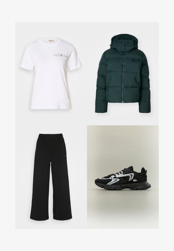 Green puffer jacket with a high collar, zippered front, and side pockets. Features a subtle brand logo on the chest and a hood.; White cotton t-shirt with short sleeves, round neck, featuring a dark gray printed logo and text on the front. Smooth texture.; Black wide-leg pants with an elastic waistband. Made from a soft, lightweight material. Features vertical seams along the front.; Black athletic shoes with mesh panels, silver accents, and textured black overlays. Features laces and a curved, sturdy outsole.