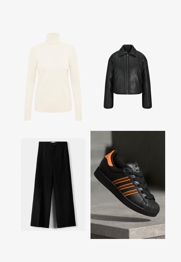 Svart kort skinnjacka med dragkedja fram, bred krage och sänkta axlar. Slät textur med en klassisk design.; Krämfärgad polotröja i mjukt stickat material. Har långa ärmar och ribbade muddar och fåll.; Svarta vida byxor i lätt material, med knappstängning fram och platt front, samt väl sydda fållar.; Svart sneakers med orange detaljer, tre horisontella ränder, texturerad läderöverdel, gummitåhuvud och svarta snören.