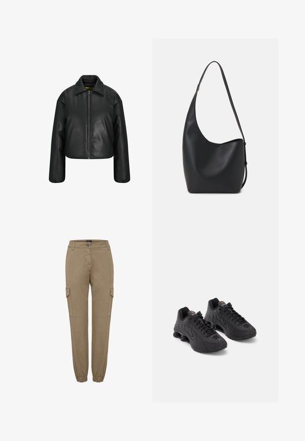 Schwarze, cropped Lederjacke mit Reißverschluss vorne, weitem Kragen und fallenden Schultern. Glatte Textur mit klassischem Design.; Schwarzfarbenes Langarm-T-Shirt aus weichem Stoff, mit rundem Ausschnitt, schlichtem Design und ohne sichtbare Muster oder Verzierungen.; Beige Cargo-Hosen mit geradem Bein und elastischen Bündchen, ausgestattet mit Seitentaschen und einem knöpfbaren Bund. Hergestellt aus weichem, strukturiertem Stoff.; Schwarze Sportschuhe mit einem glatten synthetischen Obermaterial, strukturierten Akzenten, Schnürdesign und sichtbarer Federung im Fersenbereich.; Schwarze Leder-Hobo-Tasche mit einer glatten Textur, geschwungener Form und einem einzelnen verstellbaren Tragegurt; verfügt über eine weite Öffnung am oberen Ende.