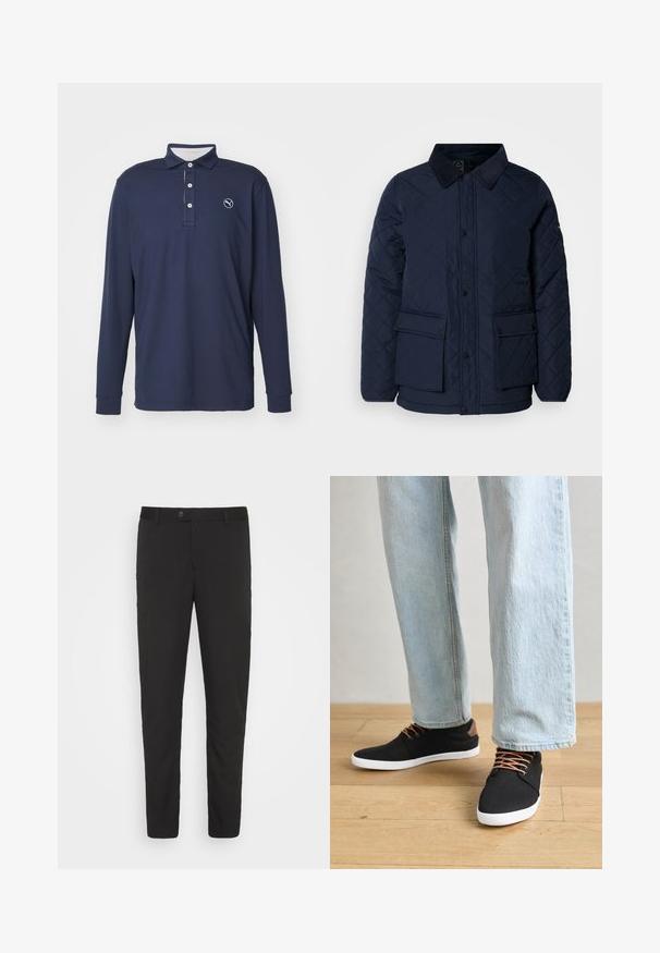 Casaco acolchoado azul-marinho com colarinho de veludo, apresentando fecho de botão de pressão e dois bolsos frontais, confeccionado a partir de um tecido suave e texturizado.; Polo de manga longa em azul-marinho, feito de tecido suave, com gola, placket de três botões e um logótipo no lado esquerdo do peito.; Calças pretas, ajustadas, com um design de perna reta, bolsos frontais e fecho de botão. Feitas de um tecido suave com um ligeiro brilho.; Sapatilhas pretas de lona com detalhes castanhos, solas de borracha brancas e cordões castanhos, combinadas com jeans de perna reta azul claro. Fundo em piso de madeira.