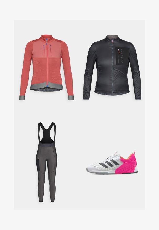 Aansluitend fietsshirt in donkergrijs met lange mouwen, een centrale rits, zwarte borstzak en contrasterende stikdetails aan de zoom.; Frambooskleurige fietsjack met lange mouwen, gestructureerde stof, volledige ritssluiting aan de voorkant, grijze zoom, blauwe ritsstoppers en reflecterende details.; Bib-stijl fietsbroek in donkergrijs. Gemaakt van rekbaar materiaal, met een gevoerde zitting, mesh schouderbanden en een zijzak. Stevige textuur.; Witte sportieve schoen met grijze strepen, bovenwerk van mesh en een roze hiel en accenten. Voorzien van een gestructureerde hiel en rubberen buitenzool. Veters en gevoerde kraag.