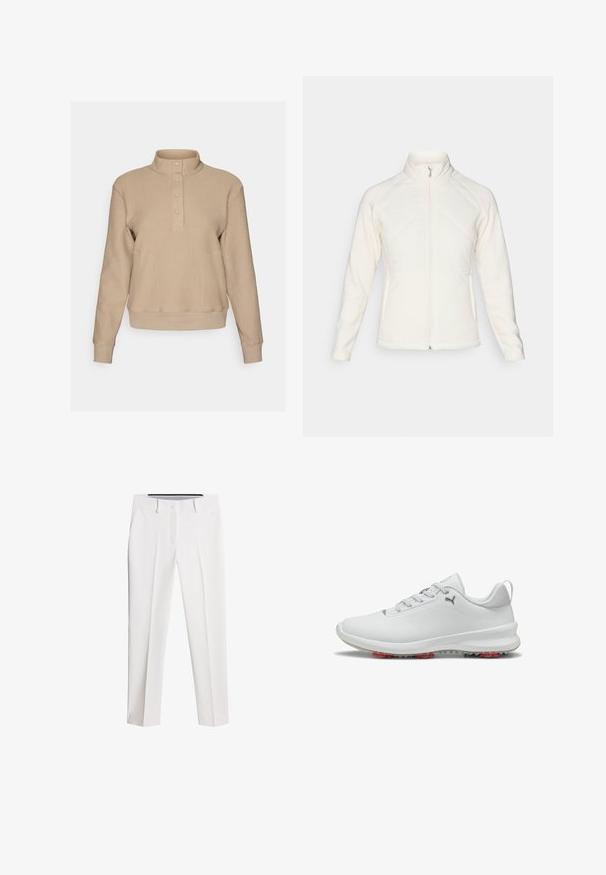 Witte zip-up jas met een hoge kraag. Voorzien van gestikte voorkant en ribbelmouwen, wat zorgt voor een textuurcontrast. Gladde afwerking overal.; Beige pullover met een textuur gebreide oppervlakte, hoge kraag en vier knopen bij de halslijn. Aansluitende manchetten en onderzoom contrasteren met een gladde stof.; Witte broek van gladde stof, met een recht model, voorzakken en een knoopsluiting met subtiele plooien.; Witte sportieve schoenen met een glad leren bovenmateriaal, grijze accenten, gestructureerde zijpanelen en rode rubberen grip op de zool.