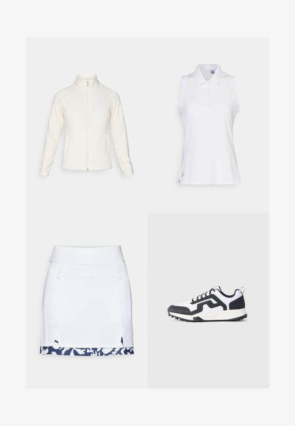 Bela zip-up jakna z visokim ovratnikom. Ima prešite sprednje panele in rebraste rokave, ki ponujajo teksturiran kontrast. Splošna gladka površina.; Bela brezrokavnika polo majica iz gladkega materiala, s ovratnikom, petimi gumbi in diskretnimi stranskimi razpoki ter majhno logotipno podrobnostjo na robu.; Bela atletska krilka z gladko teksturo, z zadrgama na stranskih žepih in mornarsko modrim cvetličnim vzorcem na robu.; Beli in črni nizki superge z vzorčastim gumijastim podplatom in zigzag vzorcem ob strani, prikazane s zunanje strani na enobarvnem ozadju.