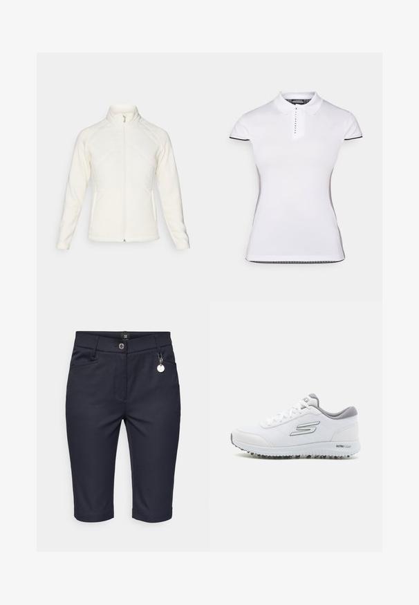 Giacca bianca con cerniera e colletto alto. Presenta pannelli frontali trapuntati e maniche a coste, offrendo un contrasto testurizzato. Finitura liscia complessiva.; Polo bianco con maniche corte, colletto e pattina con bottoni frontale. Accenti neri sulle maniche e cuciture laterali. Tessuto morbido e liscio.; Bermuda corti blu navy realizzati in tessuto elasticizzato, dotati di zip frontale, due tasche laterali e un piccolo etichetta con logo sulla vita.; Scarpe sportive bianche con tomaia in mesh testurizzato, dettagli in argento e una suola leggera con piccoli tacchetti per la trazione, etichettate "ULTRA FLIGHT."