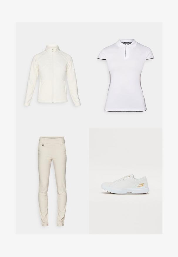 Fehér zipzáros dzseki magas gallérral. Töltött elülső panelek és bordázott ujjak jellemzik, amely texturális kontrasztot nyújt. Az összhatás sima.; Fehér póló rövid ujjal, gallérral és elől gombos záródással. Fekete díszítések az ujjakon és az oldalvarrásokon. Puha, sima tapintás.; Daily Sports MAGIC PANTS - Nadrágok - raw; Fehér sneaker sima szintetikus felsőrésszel, arany díszítéssel és masszív gumitalppal. Jellemzője a kerek orr, fűzős kialakítás és a párnázott belső.