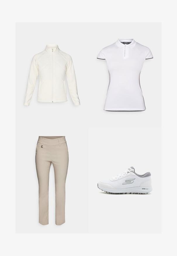 Fehér zipzáros dzseki magas gallérral. Töltött elülső panelek és bordázott ujjak jellemzik, amely texturális kontrasztot nyújt. Az összhatás sima.; Fehér póló rövid ujjal, gallérral és elől gombos záródással. Fekete díszítések az ujjakon és az oldalvarrásokon. Puha, sima tapintás.; Beige szabott nadrág közepes derékkal, elülső zsebekkel és ezüst színű díszítéssel. Simaságú anyag, egyenes lábszárral.; Fehér sportcipők texturált hálós felsőrésszel, ezüst részletekkel és könnyű talppal, amelyen kis tapadószögek találhatók, "ULTRA FLIGHT" felirattal.