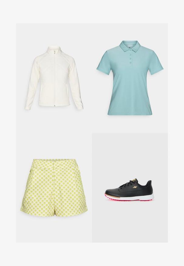 Hvit zip-up jakke med høy krage. Har kviltede frontpaneler og ribbede ermer, og gir en teksturert kontrast. Glatt finish totalt.; Lyseblå polo skjorte med knaplukning, korte ærmer og klassisk krave. Lavet af glat, let stof. Nike-logo på kraven.; Grønne mønstrede shorts med et rutet design, som har en mid-rise liv, to frontlommer og en myk tekstur av bomull.; Svart golfsk shoe med hvit såle, rosa pigger, gull "S" logo og svarte snørebånd på en enkel lys bakgrunn.