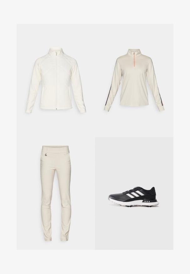 Bela zip-up jakna z visokim ovratnikom. Ima prešite sprednje panele in rebraste rokave, ki ponujajo teksturiran kontrast. Splošna gladka površina.; Pulover s dolgimi rokavi v svetlo bež barvi s četrtinskim zadrgo in pokončnim ovratnikom, ki ima mornarsko modre stranske črte in oranžne detajle na zadrgi.; Daily Sports MAGIC PANTS - Hlače - raw; Črne atletske športne čevlje z belimi črtami, strukturiran zgornji del, okrogla konica in bel gumijast podplat z majhnimi bodicami za oprijem.