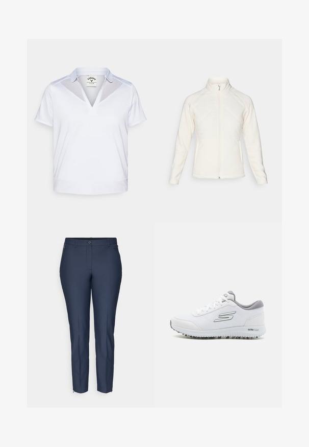 Valge jakki, millel on kõrge krae ja mis sulgub tõmblukuga. Omab pehmelt tepitud esipaneele ja soonikkoes varrukaid, luues tekstuuri kontrasti. Üldiselt sile viimistlus.; Callaway WAIST LENGTH DETAIL - Polosärk - brilliant white; Tumed sinine kohandatud kitsas lõikega püksid, millel on nööbiga sulgemine, vöökohad, tõmblukuga küljetaskud ja pahkluul tõmblukud mõlemal jalal.; Valged spordisussid tekstuurses võrgusüvas, hõbedased detailid ja kerge tallaga, kus on väikesed haardepunktid, märgitud "ULTRA FLIGHT."