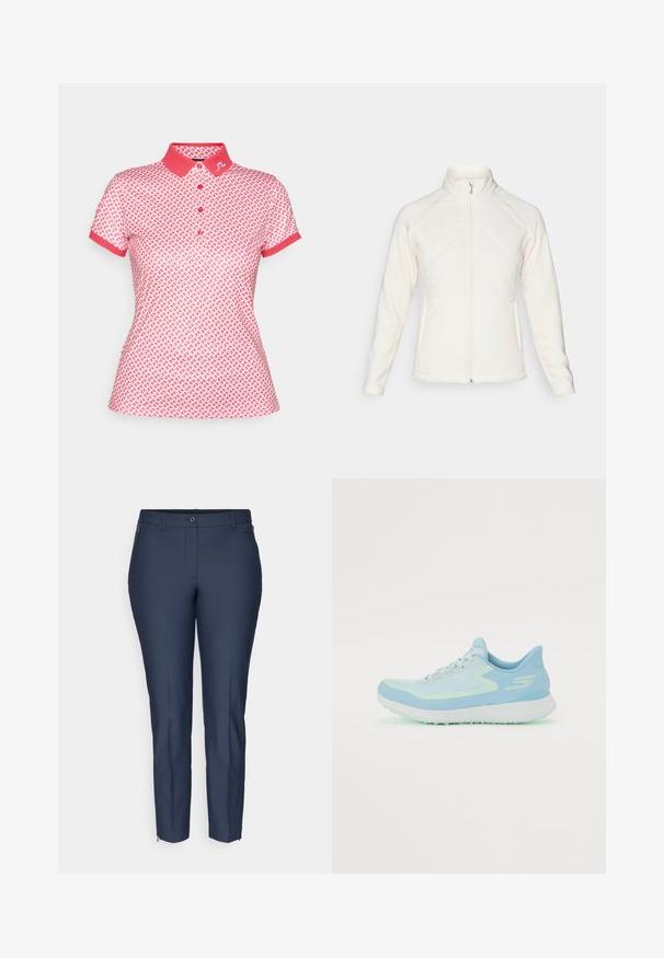 Biely zip-up kabát s vysokým golierom. Má prešité predné panely a rebrované rukávy, ktoré poskytujú textúrový kontrast. Celkový hladký povrch.; Ružová polo košeľa s bielym geometrickým vzorom, krátkymi rukávmi a golierom. Obsahuje gombíky a logo na golieri.; Námorníckomodré prispôsobené slim-fit nohavice s gombíkovým zapínaním, pútkami na opasok, zipsovými bočnými vreckami a zipsami na členkoch na oboch nohách.; Svetlomodrá športová obuv s prednou časťou z jemnej sieťoviny, zaoblenou špičkou, polstrovanou podrážkou a reflexnými akcentmi. Obsahuje šnurovanie a podporujúci opätok.