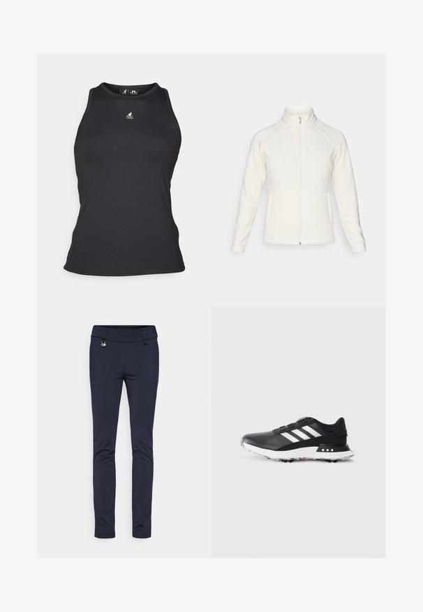 Fehér zipzáros dzseki magas gallérral. Töltött elülső panelek és bordázott ujjak jellemzik, amely texturális kontrasztot nyújt. Az összhatás sima.; Fekete bordázott ujjatlan top magas nyakkivágással. Kicsi logóval a mellkasán és testhez simuló szabással rendelkezik.; Sötétkék, testre szabott nadrág rugalmas anyagból, sima textúrával, elülső zsebekkel és fém gomb díszítéssel.; Fekete sportcipő fehér csíkokkal, texturált felső résszel, kerek orral és fehér gumitalppal, amelyen apró tüskék találhatók a tapadás érdekében.