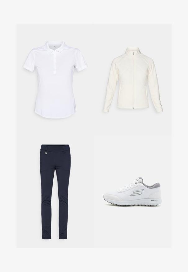 Biała kurtka rozpinana z wysokim kołnierzem. Posiada pikowane przednie panele i ściągacze na rękawach, oferując teksturalny kontrast. Gładkie wykończenie całości.; Biała koszulka polo z gładkiego materiału, z kołnierzykiem, krótkimi rękawami i pięcioma guzikami. Dyskretny logo na piersi.; Granatowe spodnie o kroju dopasowanym, wykonane z elastycznego materiału, cechujące się gładką fakturą, detalami kieszeni z przodu oraz metalowym akcentem w postaci guzika.; Białe sportowe buty z teksturowanym siateczkowym wierzchem, srebrnymi akcentami i lekką podeszwą z małymi stożkami trakcyjnymi, oznaczone "ULTRA FLIGHT".