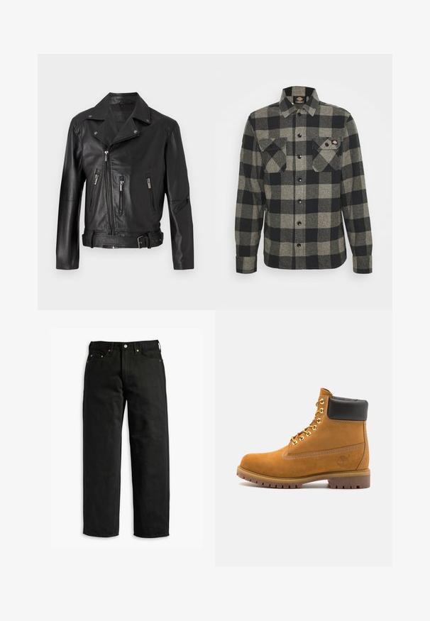 Black leather motorcycle jacket featuring a notched collar, asymmetrical zip closure, multiple zippered pockets, and a belted waist.; Black and gray plaid flannel shirt with long sleeves, button-up front, two chest pockets, and a slightly curved hem. Textured fabric.; Black denim jeans with a relaxed fit, featuring five pockets and copper rivets, flat waistband, and straight legs, smooth texture.; Tan suede ankle boot with black padded collar, gold metal eyelets, white stitching detailing, and rugged rubber sole with pronounced treads.