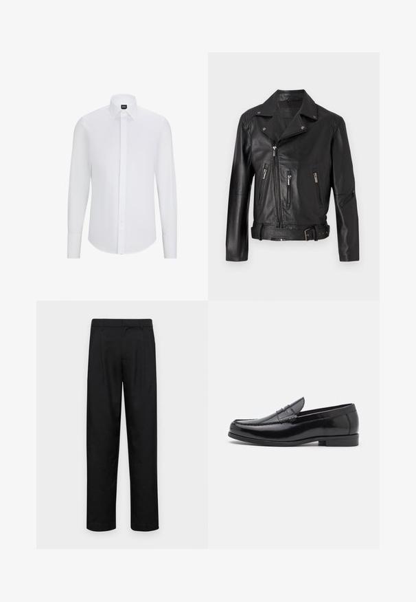 Schwarze Leder-Motorradjacke mit einer schmalen Kragen, asymmetrischem Reißverschluss, mehreren Reißverschlusstaschen und einem taillierten Bund.; Weißes Langarmhemd mit Knopfleiste und spitzer Kragen, aus glattem Stoff gefertigt, mit einer vorderen Knopfleiste und abgerundetem Saum.; Schwarze Hose aus glattem Stoff, mit geradem Bein Design, zwei vorderen Falten und einem Standardbund mit Gürtelschlaufen.; Schwarze Lederloafers mit abgerundetem Zehenbereich, dekorativen Nähten und einem niedrigen Absatz. Glatte Oberfläche mit dezentem Glanz. Klassisches Design ohne Verzierungen.