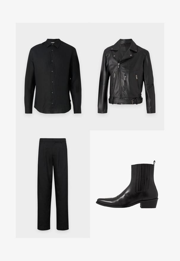 Juodas odinis motociklininko švarkas su įpjovu apykakle, asimetriniu užtrauktuku, keliais užtrauktukais uždaromais kišenėmis ir diržu juosmeniui.; Juodas ilgomis rankovėmis marškinukas, pagamintas iš lengvos lininės medžiagos. Jame yra įstriža apykaklė, mygtukų priekyje uždarymas ir tiesus hem. Minkšta tekstūra.; Juodi kelnių modeliai, pagaminti iš lygios medžiagos, turi tiesią kojas, du priekiniai klostės ir standartinę juosmenį su diržo kilpomis.; Juodas odinis kulkšninis botas su smailiu pirštu, elastingomis šoninėmis dalimis, vertikaliu siuvinėjimu ir žemu stačiakampiu kulnu.