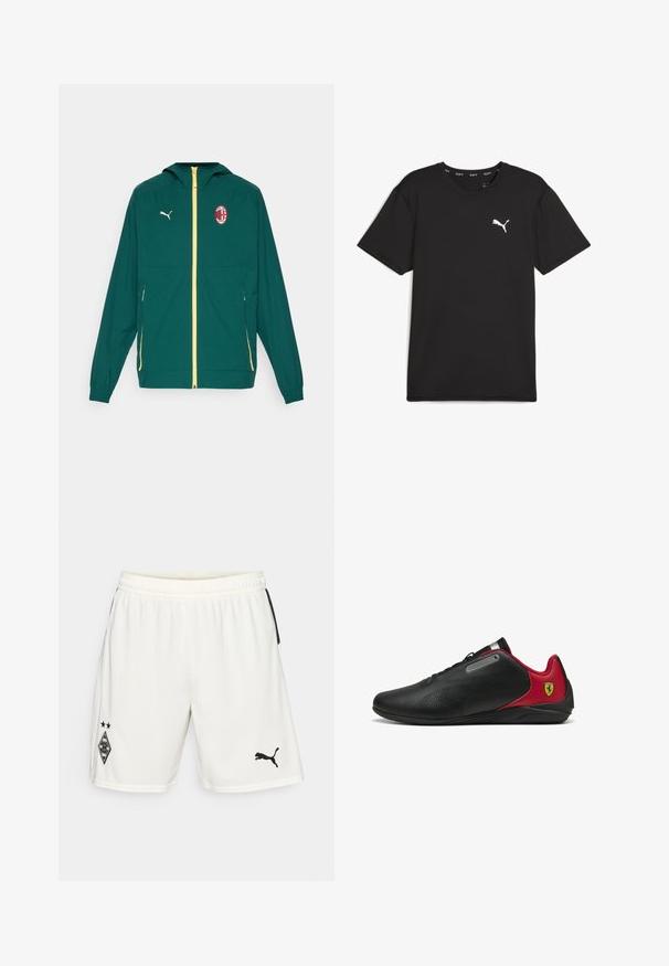 Žalia lengva striukė su užtrauktuku priekyje, geltonomis detalėmis, su gobtuvu ir ryškiu raudonu bei juodu klubo logotipu kairėje krūtinėje.; Juodas trumpomis rankovėmis sportinis marškinėliai, pagaminti iš sintetinio audinio, su baltu Puma logotipu viršutiniame kairiajame krūtinės kampe. Lygi tekstūra, su apvalia iškirpte.; Baltieji sportiniai šortai, pagaminti iš lengvos medžiagos, su juodu logotipu kairiajame šone ir juodomis šoninėmis detalėmis. Įtrauktas elastingas juosmuo.; Juodi sportbačiai su raudonais akcentais, elegantiškas dizainas, perforuota tekstūra viršuje, su metaliniu akcentu ir logotipu kulne.