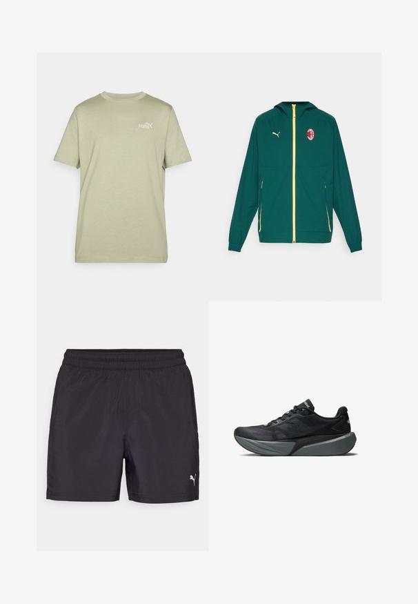 Groene lichtgewicht jas met een ritssluiting aan de voorkant, gele accenten, een capuchon en een opvallend rood en zwart clublogo op de linkerkant van de borst.; Olijfgroene t-shirt met een ronde hals en korte mouwen. Heeft een klein wit Puma-logo op de borst. Gemaakt van zachte, lichte stof.; Zwarte sportshorts met een elastische tailleband, gemaakt van lichtgewicht materiaal, met een klein wit logo aan de onderzijde.; Zwarte sportschoen met een bovenwerk van mesh en textuur overlays. Heeft een dikke grijze tussenzool en een gestroomlijnd ontwerp. Contrasterend logo op de zijkant.