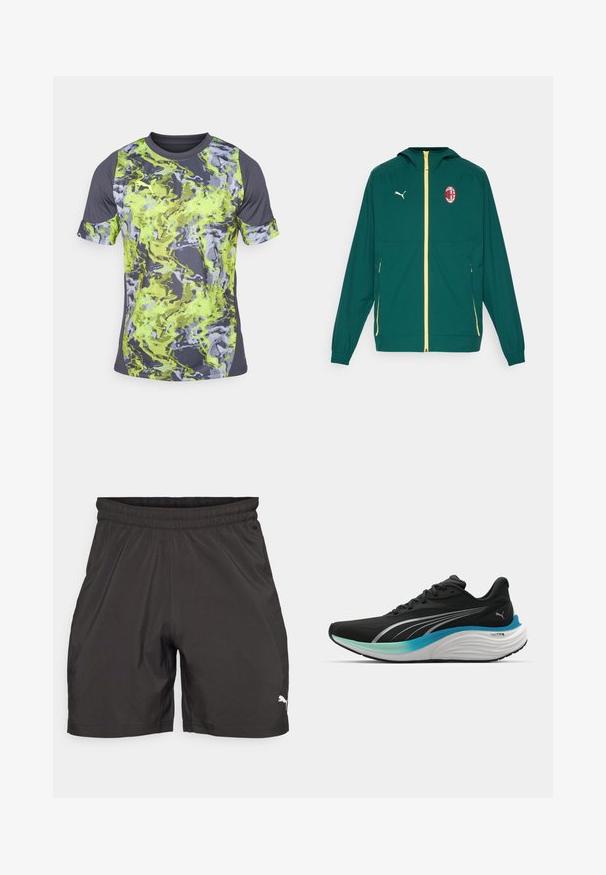 Grønn lett jakke med glidelås foran, gule detaljer, hette og en fremtredende rød og svart klubblogo på venstre bryst.; Kortermet treningst-skjorte med et livlig grønt og grått abstrakt mønster, rund hals og strukturert stoff.; Svarte treningsshorts laget av lett stoff, med en elastisk midje og en liten hvit logo på nedre venstre side.; Svart idrettssko med pustende overdel, sølvdetaljer og en polstret mellomsåle med et blågrønt gradientdesign.
