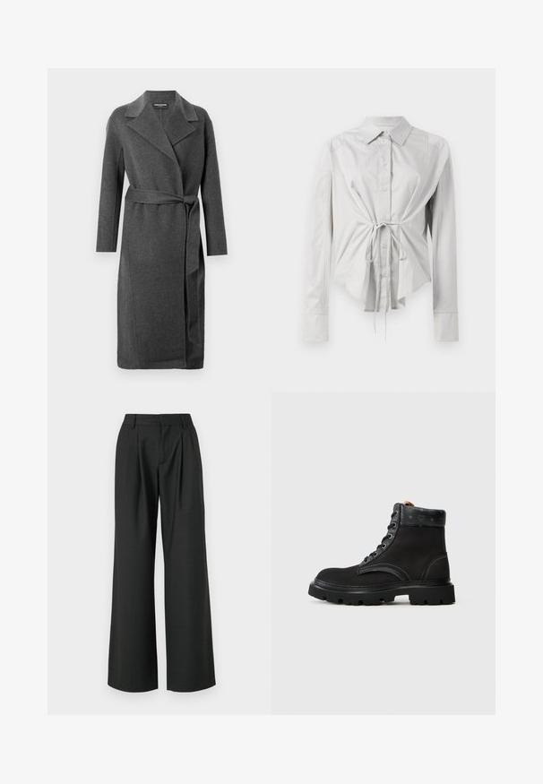 Pelēks vilnas mēteli ar uz pleciem esošu apkakli, garām piedurknēm un jostu. Dizains ietver apņemšanas stilu un teksturētu audumu.; Gai pelēks garām piedurknēm krekls ar pieguļošu jostas daļu, pogu priekšpusi un tā vestes detaļu jostas daļā. Izgatavots no gludas auduma ar klasisku apkakli.; Won Hundred CAMILLE TROUSERS - Auduma bikses - licorice; Melnas potītes ar teksturētu ādas augšdaļu, ar šņorēšanas dizainu, kontrastējošiem diegiem un izturīgu gumijas zoli. Logo akcentācija uz valnīša.