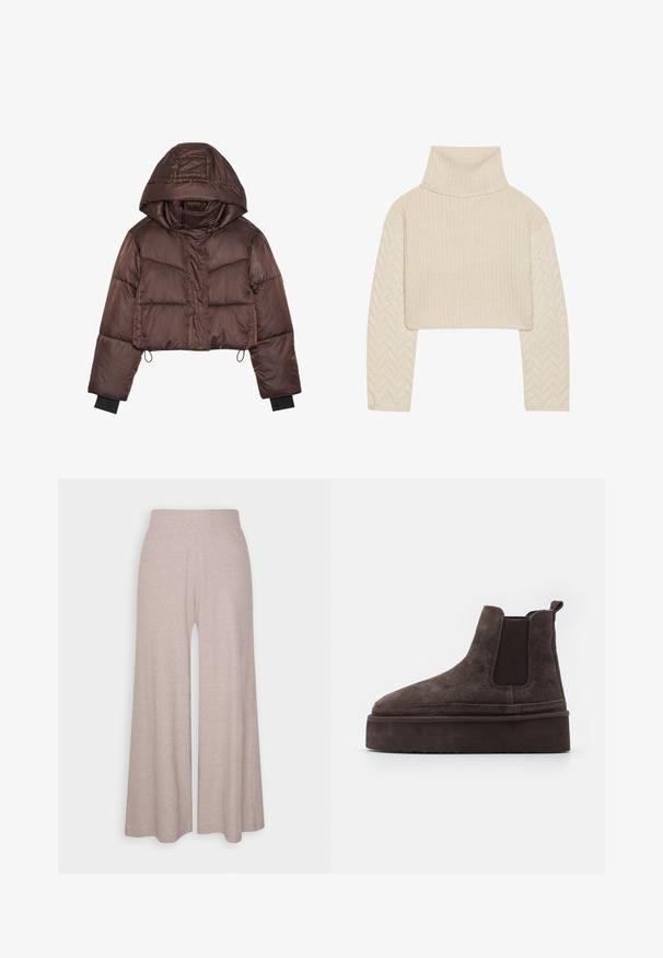 Doudoune brune coupée avec capuche, présentant une finition brillante, des coutures horizontales et des tailles élastiques noires.; Pull court couleur crème avec un col montant, un corps en tricot texturé et des manches à motif chevron. Fabriqué en matériau doux en fil.; Pantalons larges gris clair fabriqués en tissu doux et côtelé, dotés d'une taille haute et de jambes longues avec une texture subtile.; Bottes Chelsea en suède marron avec des panneaux latéraux élastiques et une semelle épaisse et texturée. Elles comportent une languette au talon pour un enfilage facile.