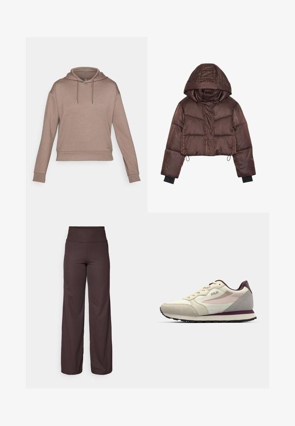 Zkrácená hnědá péřová bunda s kapucí, s lesklým povrchem, horizontálním prošíváním a černými elastickými manžetami.; ONLY Play ONPLOUNGE LIFE HOOD - Mikina s kapucí - walnut; Hnědé pruhované široké kalhoty s vysokým pasem, které mají měkkou texturu a splývavý design, vhodné pro běžné nošení.; Krémové a světle šedé tenisky s texturovaným povrchem, s růžovými a burgundskými akcenty, šněrovacím designem a černou gumovou podrážkou.