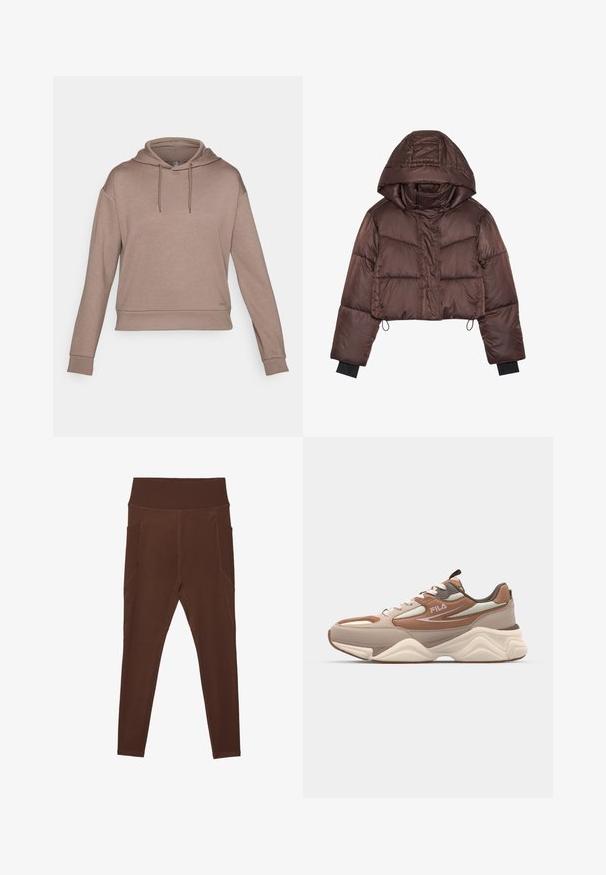 Doudoune brune coupée avec capuche, présentant une finition brillante, des coutures horizontales et des tailles élastiques noires.; ONLY Play ONPLOUNGE LIFE HOOD - Sweat à capuche - walnut; Leggings marron en matériau extensible avec une taille haute à côtes et des poches latérales. Présentent une couture à plat pour une durabilité accrue.; Fila RECADE - Baskets basses - oxford tan/pale mauve