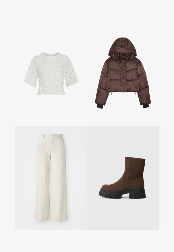 Chaqueta de plumas marrón recortada con capucha, que presenta un acabado brillante, costuras horizontales y puños elásticos negros.; Blusa de encaje blanco con mangas cortas, patrón floral, dobladillo con forma de onda y cuello redondo. Tejido ligero, con un detallado intrincado en toda la prenda.; Pantalones de pierna ancha en un tono beige claro, confeccionados con una tela suave. Cuentan con una cinturilla clásica y un frente plano con líneas limpias.; Botines de ante marrón con un acabado texturizado, punta redonda y una suela de goma negra gruesa con un patrón de dibujo.