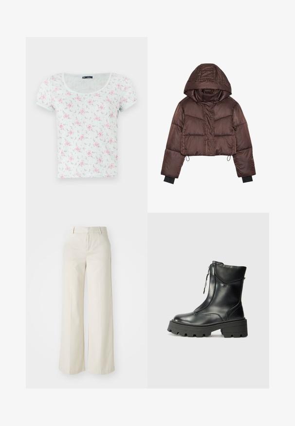 Cropped brown puffer jacket with a hood, featuring a shiny finish, horizontal stitching, and black elastic cuffs.; Short-sleeve, light mint top with a rounded neckline, featuring a floral pattern in pink and purple, made of soft, textured fabric.; Wide-leg trousers in a light beige color, made of a smooth fabric. Features a classic waistband and flat front with clean lines.; Black leather ankle boot with chunky lug sole and front zipper, shown in side profile on a plain light background.