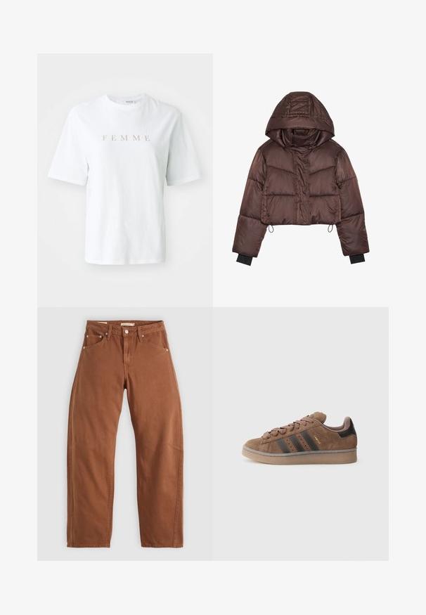 Cropped brown puffer jacket with a hood, featuring a shiny finish, horizontal stitching, and black elastic cuffs.; White cotton t-shirt with short sleeves, featuring the word "FEMME" in gold across the chest, round neck, and a relaxed fit.; Rust brown straight-leg jeans with front and back pockets, metal rivets, button closure, and belt loops, laid flat on a white background.; Brown suede sneaker with three dark stripes, textured lace-up front, and a contrasting black heel. Features a rubber sole and gold branding.