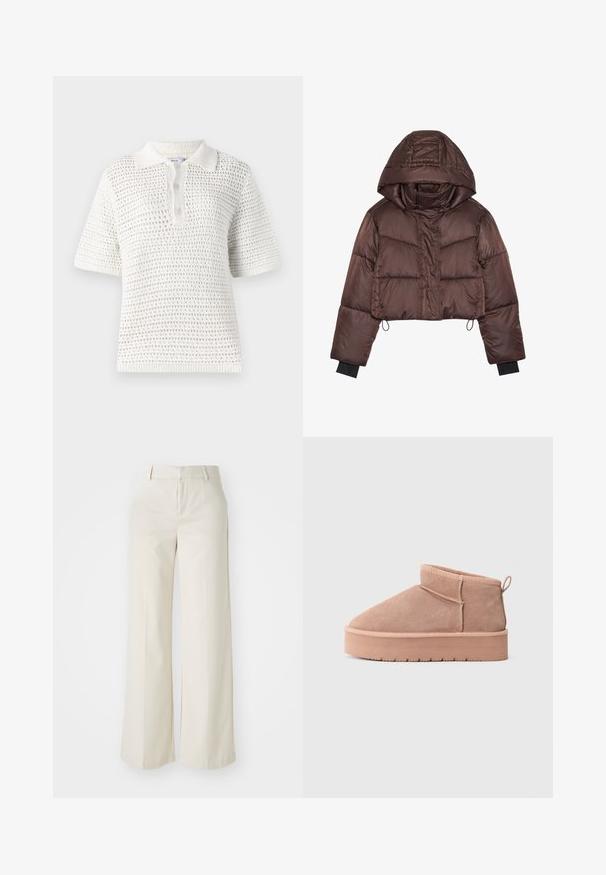 Izgriezta brūna pūkainā jaka ar kapuci, ar spīdīgu apdari, horizontālu šuvju un melnajām elastīgajām aprocēm.; Balts īsu piedurkņu polo krekls, kas izgatavots no viegla adīta auduma. Tam ir faktūras raksts, apkakle un trīs pogu aizdare.; Platas kājās bikses gaisā bežā krāsā, izgatavotas no gludas auduma. Iezīmē klasisku jostasvietu un plakanu priekšpusi ar tīrām līnijām.; Beige zamšaina potīte ar biezs platformas zoli, noapaļota purngala, noberama cilpa uz papēža un redzamām šuvju detaļām.