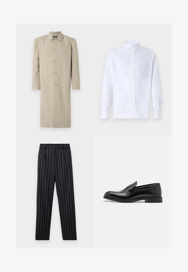 Beige trench coat made from a smooth, lightweight fabric. Features a collared neckline, button front closure, and long sleeves with a straight cut.; White long-sleeve button-up shirt made of cotton, featuring a chest pocket with tonal embroidery, a collar, and button cuffs.; Black and white striped trousers with a tailored fit, featuring belt loops, a front button closure, and pressed front creases.; Black leather loafers with a smooth texture, rounded toe, and a decorative strap across the vamp. Low stacked heel, minimalist design.