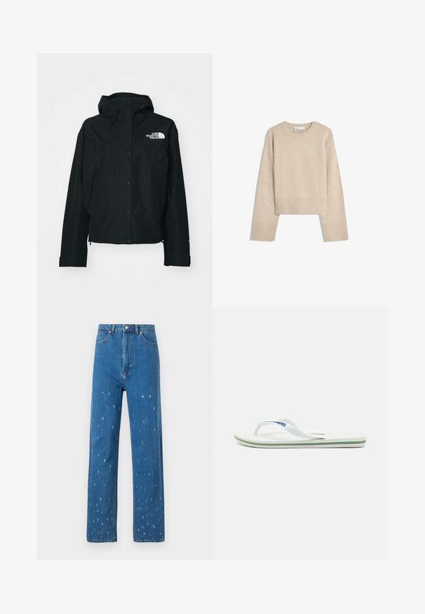 Crna vodootporna jakna s kapuljačom, koja ima dugmad za kopčanje, elastične rukave i bijeli logotip na gornjoj lijevoj strani. Glatka tekstura.; Bežani skraćeni pulover napravljen od mekog pletenog materijala. Ima okrugli izrez, duge rukave i rebraste manžete i porub za dodatnu teksturu.; Plave traperice ravnog kroja s iznošenim detaljima, s visokom strukom, pet džepova i klasičnim zatvaranjem na gumb i patentni zatvarač.; Bijeli japanke s teksturiranom unutrašnjosti, tankim trakama i višebojnom nagibnom linijom na đonu. Sadrži logotip na traci.