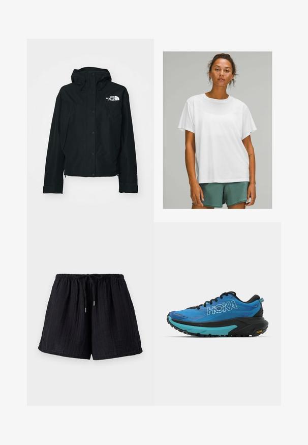 Melna ūdensnecaurlaidīga jaka ar kapuci, kas aprīkota ar pogām ar spiedpogu, elastīgām piedurknēm un baltu logotipu kreisajā augšējā stūrī. Gluda tekstūra.; Balta kokvilnas t-kreklā ar īsām piedurknēm, apaļu kakla izgriezumu, brīvu piegriezumu, valkāta ar zaļiem šortiem. Gluda tekstūra, bez redzamām rakstu vai akcentu.; Melni kokvilnas šorti ar teksturētu, saburzītu apdari. Aprīkoti ar elastīgu jostasvietu un regulējamu auklu, lai nodrošinātu komfortu un piemērotību.; Zili skriešanas apavi ar melnām akcentiem, ar strukturētu augšdaļu, mīkstu apkakli un biezu melnu un tirkīza vidusdaļu ar Vibram zoli.