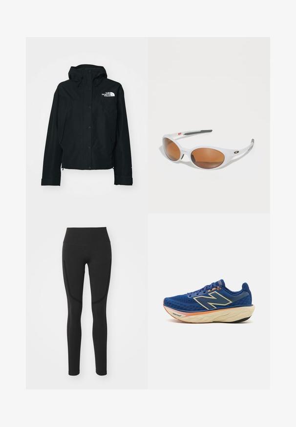 Chaqueta negra impermeable con capucha, que cuenta con botones de presión, puños elásticos y un logo blanco en la parte superior izquierda. Textura suave.; Camiseta blanca de algodón con mangas cortas, cuello redondo, corte relajado, combinada con pantalones cortos verdes. Textura suave, sin patrones ni acentos visibles.; Leggings negros con cintura alta, tejido suave y detalles de panel lateral en contraste. Diseño ajustado que se extiende hasta el tobillo.; Zapatilla de running azul con parte superior de malla transpirable, collar acolchado y suela acolchada con un acento naranja. Se puede ver la marca "Fresh Foam".; Gafas de sol blancas con lentes marrones, en forma ovalada, hechas de plástico suave, con detalles grises en las patillas y un logo en el armazón.