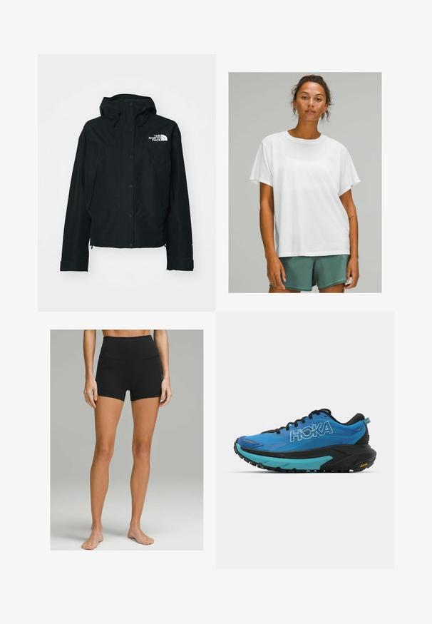 Giacca nera impermeabile con cappuccio, dotata di bottoni a pressione, polsini elasticizzati e un logo bianco sul lato sinistro superiore. Texture liscia.; T-shirt bianco in cotone con maniche corte, scollatura arrotondata, vestibilità rilassata, indossato con pantaloni corti verdi. Texture liscia, senza motivi o dettagli visibili.; Pantaloni corti neri a vita alta realizzati in tessuto elasticizzato, caratterizzati da una texture liscia, un design aderente e una lunghezza fino a metà coscia. Senza dettagli visibili.; Scarpe da corsa blu con accenti neri, dotate di una tomaia testurizzata, collo imbottito e una suola intermedia spessa nera e turchese con suola Vibram.