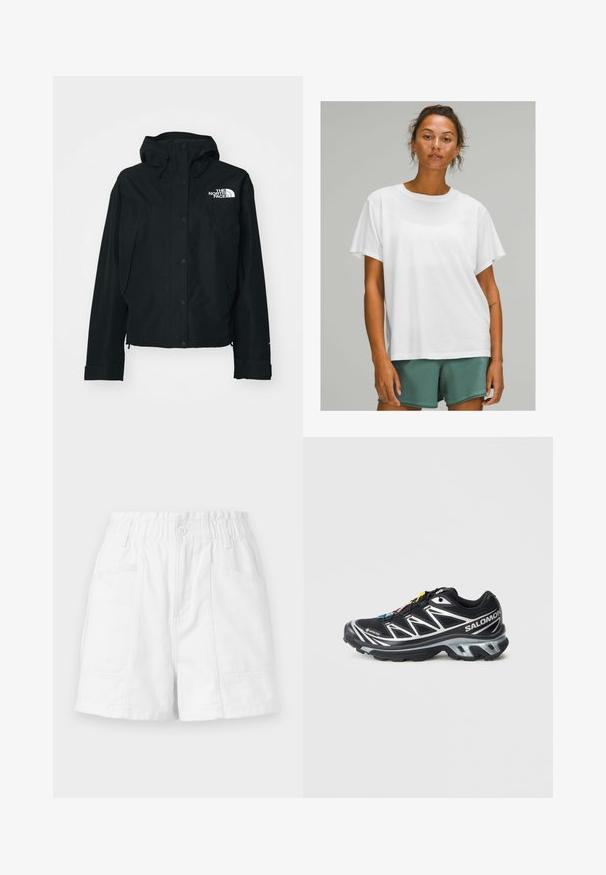 Čierna nepremokavá bunda s kapucňou, so zacvakávacími gombíkmi, elastickými manžetami a bielym logom na hornej ľavej strane. Hladká textúra.; Biely bavlnený tričko s krátkymi rukávmi, okrúhlym výstrihom a uvoľneným strihom, nosené s zelenými šortkami. Hladká textúra, bez viditeľných vzorov alebo akcentov.; Biele bavlnené šortky s elastickým pásom, so zapínaním na prednom gombíku, dvoma bočnými vreckami a čistým, jednoduchým dizajnom.; Čierna bežecká obuv so striebornými akcentmi, materiál GORE-TEX, textúrovaná podrážka a farebné šnúrky. Obsahuje polstrovanú pätu pre podporu.